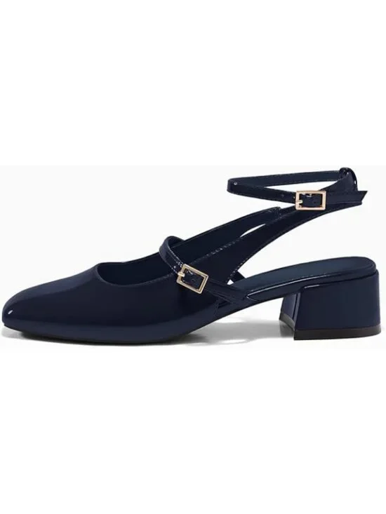 Women's Mary Jane Chunky Low Heels Closed Square Toe Ankle Strap Pumps Navy - Picture 2 of 4